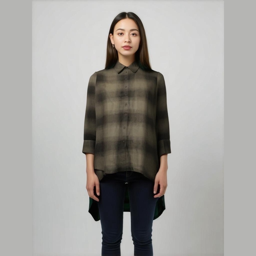 Lisa Rinna Collection Plaid Button Front Hi-LoHem Top Size XXS Olive Green Black